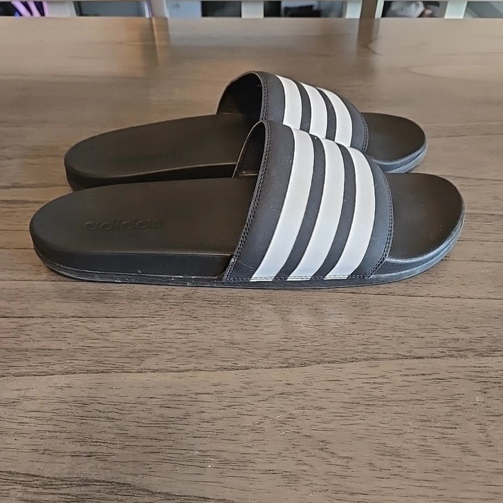 Adidas Black and White Striped Slides